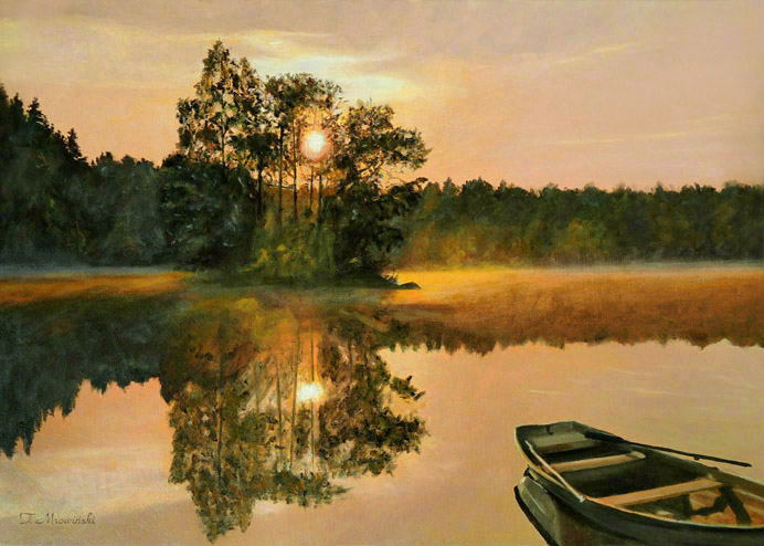 obraz olejny łódka na jeziorze