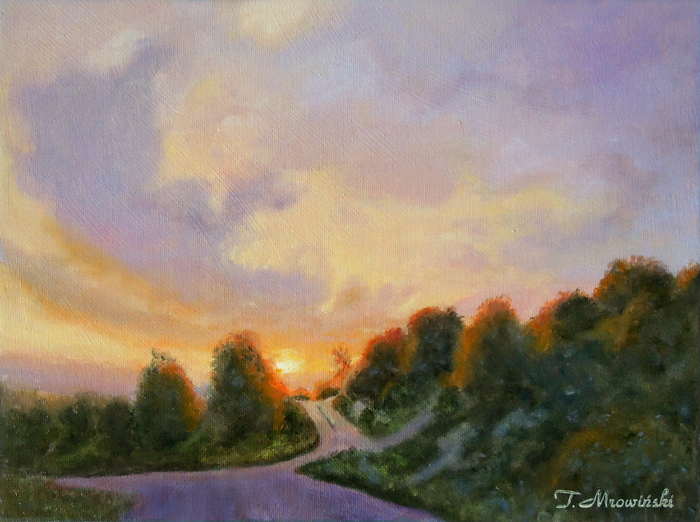 obraz olejny zachód słońca na drodze