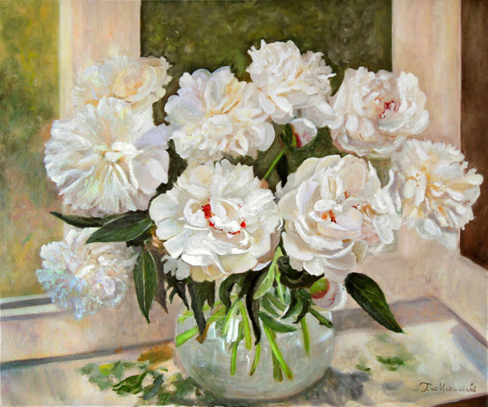 obrazy peonie na oknie Kwiaty peonie na oknie