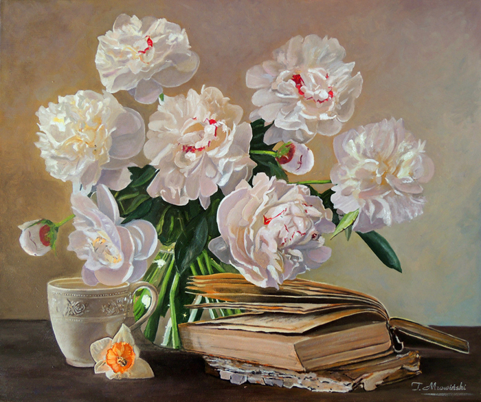 Peonie z książką obraz obrazy piwonie peonie